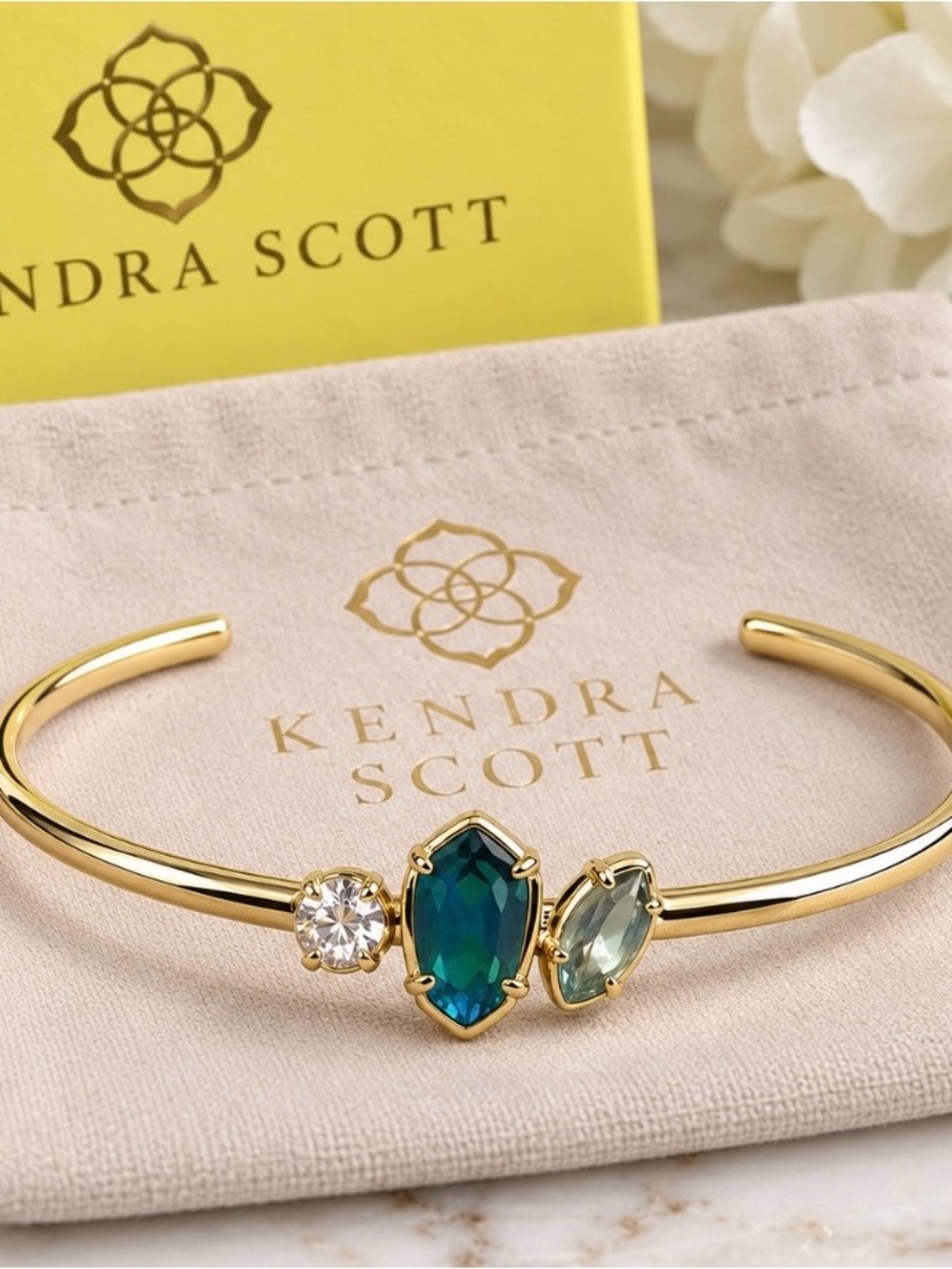 Kendra Scott Gold Cuff Bracelet with Emerald Green and Teal Stones